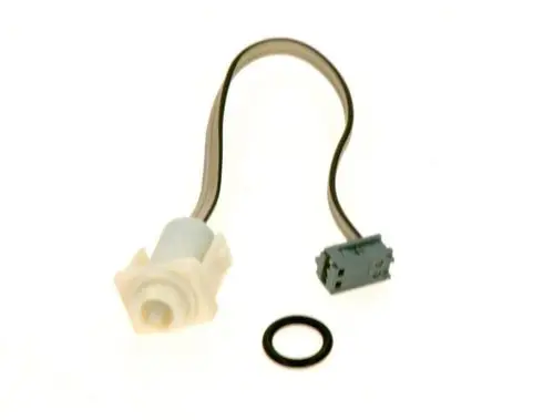 Bosch Temperaturfühler mit einem weißen Gehäuse und einem Kabelanschluss. Ein schwarzes Dichtungsringstück liegt neben dem Sensor.